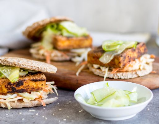 image of 3 tofu burgers with dipping sauce